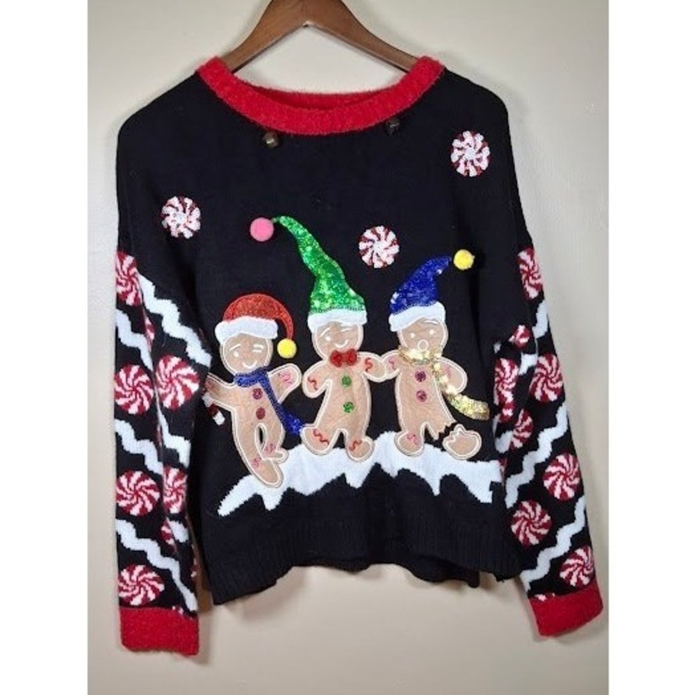Blizzard Bay Womens Gingerbread Man Ugly Christmas Sweater Black Large Sequin